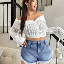ICON Plus Size Women's Fashionable Vintage American Style Blue Fringe Denim Shorts For Summer - Negro - Ver 5