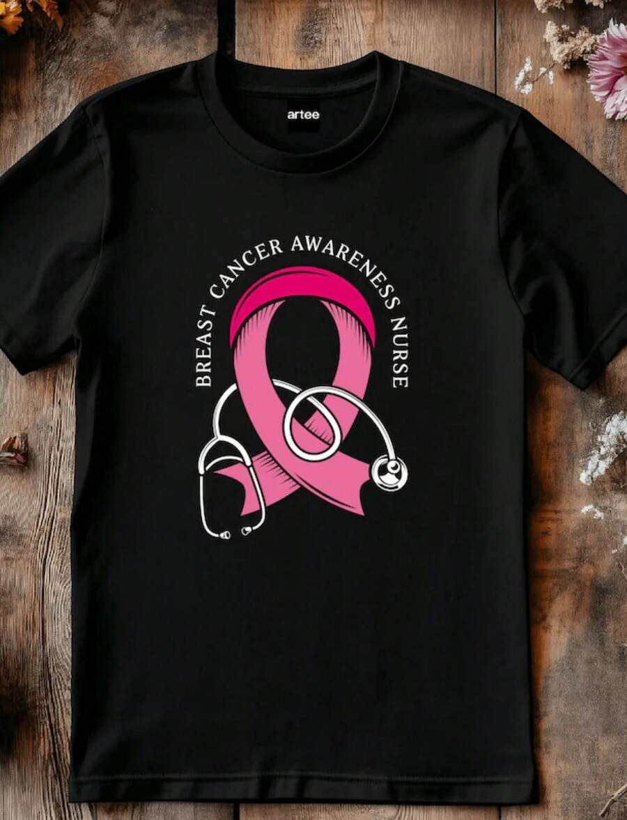 1 Breast Cancer Awareness T-Shirt, Pink Ribbon T-Shirt, Team Pink Support, Breast Cancer Outfit, Survivor Gift, Matching T-Shirts For Groups And Families, 180g 100% Cotton. - 黑色 6 - 查看 1