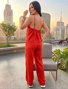 Set Includes A Tie-Front Top With Adjustable Straps And High-Waisted Wide-Leg Pants. Elegant And Comfortable Emily Brand. Casual Sets For Vacations And Offices. Suitable For All Seasons. - Red - View 2