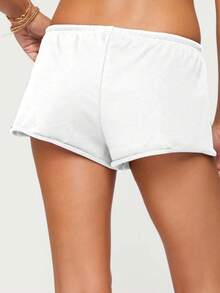 Women's Summer Drawstring Shorts Solid Color Low Waist Casual Breathable Short Pants - White - View 3