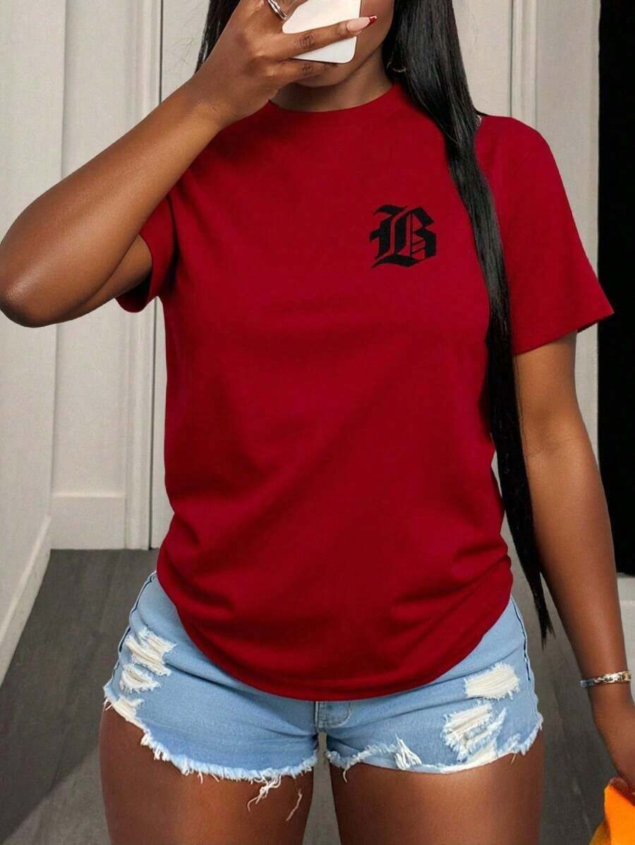 Free Shipping, Local Delivery In Mexico, Delivery In 4 Days. Women's Fitted Short-Sleeve Casual T-Shirt, Printed Blouses For Women's Clothing. - 紅色4 - 查看 1