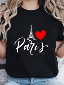 Camiseta con diseño creativo de la Torre Eiffel, un corazón de París con cariño por Francia, de algodón estampado, para mujer, moda de verano, linda, casual, de cuello redondo y manga corta. .Jpg - Negro - Ver 10