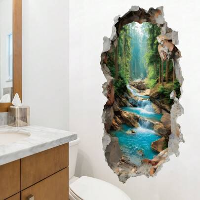 ملصق جداري 3D لغابة وجدول مائي خلف جدار مكسور، تصميم ثقب 3D، ديكور خلفية جدار الحمام
