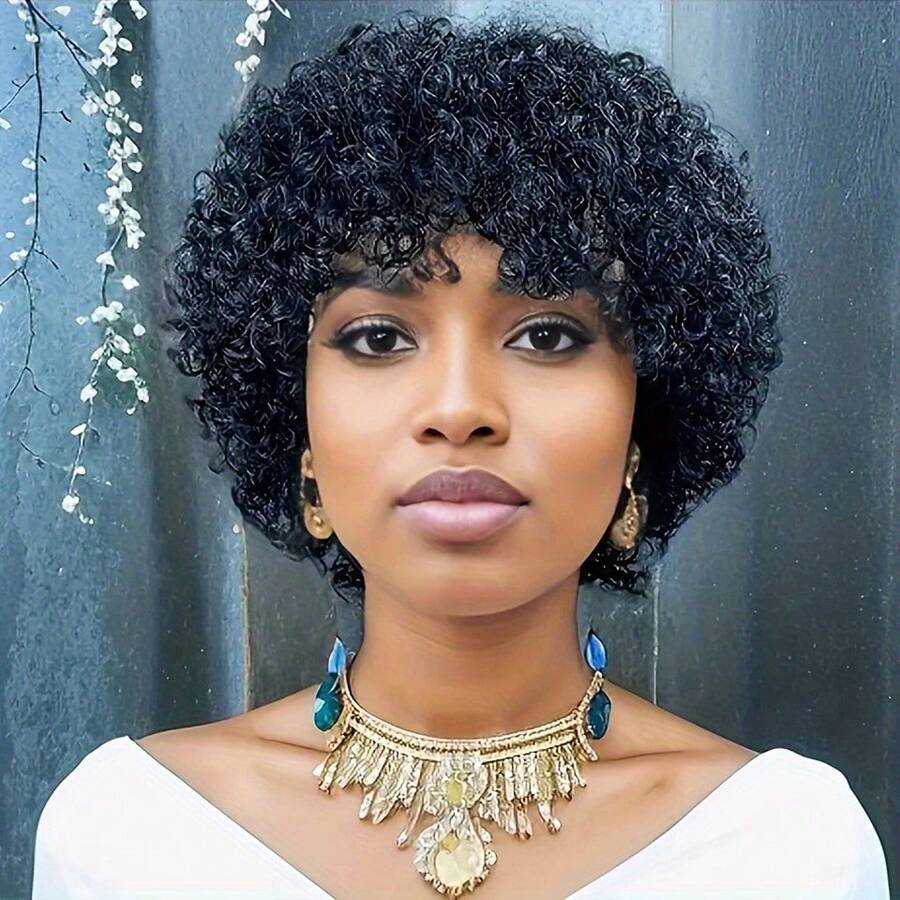Glueless Human Hair Wig Short Pixie Cut With Bangs - Black Curly Wavy Bob, 180% Density Rose Net Cap, Perfect For Daily Wear & Party & Holiday, 6 Inch Instant Hairstyle With Volume