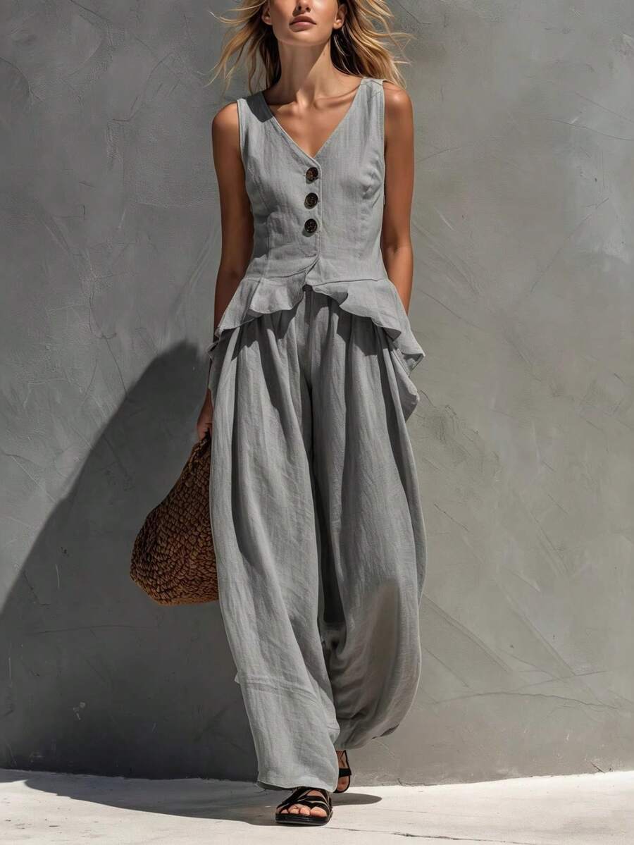 Conjunto de lino nuevo para primavera-verano, estilo casual y de oficina, chaleco de botonadura delantera y cuello V, diseño favorecedor, perfecto para looks de día y transición estacional - Plateado - Ver 1
