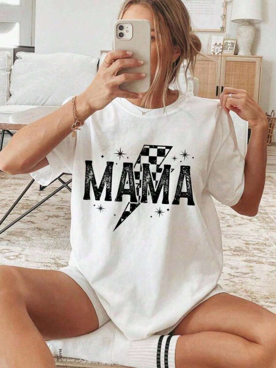 1 Piece Women's Graphic Print T-Shirt, College Style T-Shirt For Mom, Plaid T-Shirt For Mom, Mother's Day Gift, Lightning Bolt Print Sweatshirt For Mom, Mother's Day T-Shirt Gifts For Mom's Birthday, Casual Short Sleeve Crew Neck T-Shirt For Women, 1 Piece Fashion Shirt, Gift For Mom, Thanksgiving Gift, 180g 100% Cotton, All Patterns Are Printed. Unisex. - 白色 003 - 查看 1