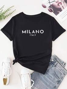 Women's Short-Sleeved Cotton T-Shirt, MILANO Print T-Shirt, Casual Short-Sleeved Top For Spring And Summer, Women's Clothing. - 黑色 - 查看 5