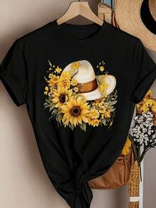 Camiseta de algodón de manga corta para mujer, con estampado gráfico de girasoles y flores, ideal para vacaciones, estilo casual, cuello redondo, ropa de mujer. - Negro - Ver 5