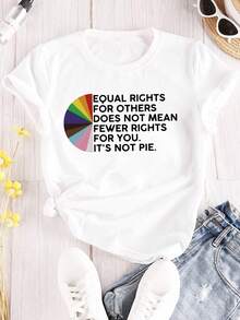 Women's Short-Sleeved Cotton T-Shirt, "Equal Rights" Letter Print Tee, Casual Short-Sleeved Round Neck Top For Spring And Summer, Women's Clothing. - 白色 - 查看 5