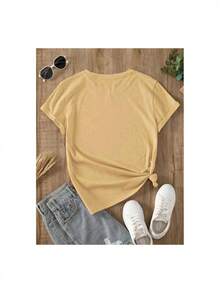 YOCASA Women's Casual Summer T-Shirt, Round Neck, Fitted, Short Sleeve, With Oil Painting Print, Floral, Heart, Cherry, And Letter Patterns. Simple Casual Fabric, Sporty Style, Ideal For Everyday Wear And Valentine's Day Dates. 1 Piece, 180g Pure Heavy, 95% Polyester 5% Spandex. 100% Cotton Durable - 黃色 - 查看 3
