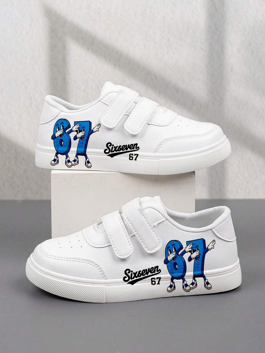 1 Paar erschwingliche & modische Casual Sportschuhe für Kinder, strapazierfähige Basketball Sneaker geeignet für den täglichen Gebrauch und Outdoor-Aktivitäten, Weihnachtsgeschenk, Outdoor-Spielschuhe, lustig gestaltete Schuhe, cartoon-bedruckte Schuhe, atmungsaktive Stoffschuhe, flexible Sohle, Kinder Sportschuhe, Feriengeschenk, 2D flach - Weiss - Übersicht 1