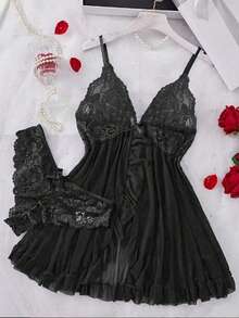 SOFUSEN Bộ 3 món đồ lót ren hoa sen cổ chữ V sâu gợi cảm dành cho nữ, đồ ngủ sexy đa năng cho phòng ngủ, phòng tắm, tiệc tùng. - màu đen - Xem 5