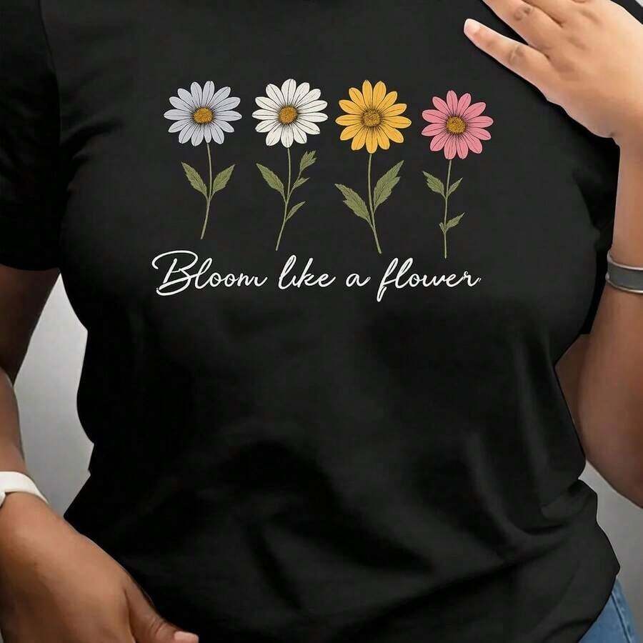 1 pieza de camiseta para mujer con estampado "Bloom Like A Flower" - Cuello redondo casual, mangas cortas, ligera elasticidad, diseño floral para primavera y verano, top casual de verano. | Top con estampado floral | Tela de elasticidad media, camiseta de mujer para el Día del Padre, uso diario, resistente a la decoloración, para hombre, estilo minimalista, 180g, 100% algodón. - Negro - Ver 1