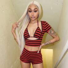 Women's Sexy Red Striped Two-Piece Swimsuit Set With Padded Halter Top And Matching Shorts Perfect For Beach And Pool Parties - 紅色 - 查看 5