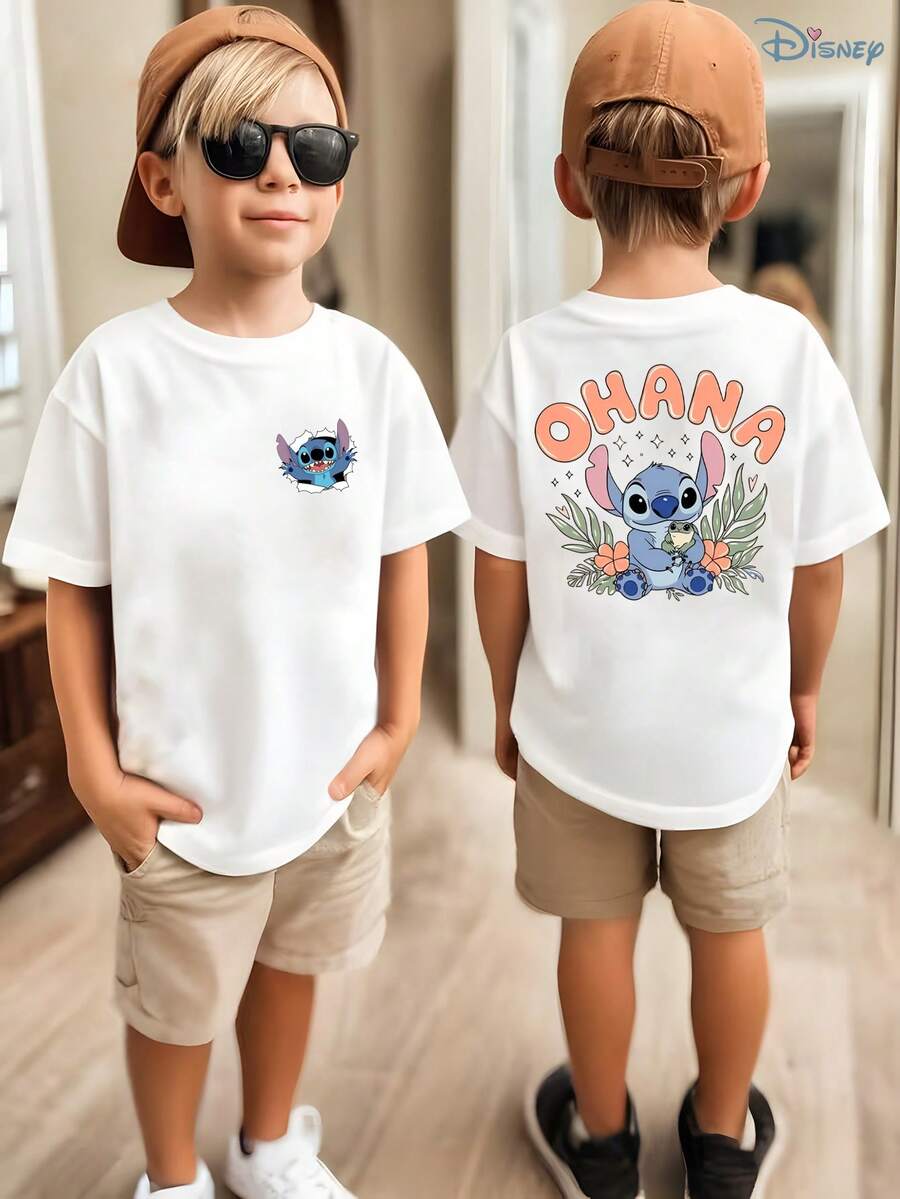 Boys' Disney Lilo & Stitch "Ohana" Floral Double-Sided Graphic T-Shirt, Kids Cute Stitch Tee, Soft Breathable Casual Top For Boys, Ideal For Everyday Wear, Playground, School, Theme Parks, Family Trips & Outdoor Activities - 白色 - 查看 1