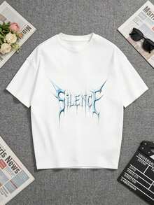 Camiseta blanca, con un llamativo estampado de "Silence" y letras de color azul hielo. Perfecto para uso casual o como una idea de regalo original. Una camiseta de manga corta adecuada para el hogar, el uso diario, fiestas y viajes-ideal como regalo para amigos o familiares. - Blanco - Ver 1