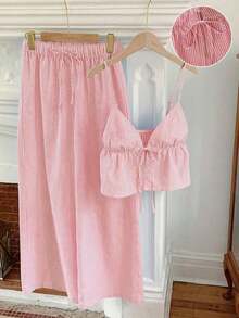 casual de 2 piezas de mujer con rayas tejidas, para primavera/verano - Rosa Pálido - Ver 5
