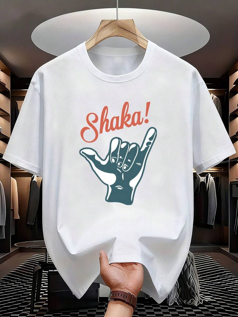 Camiseta de hombre con estampado del gesto "Shaka" - "Shaka!" Diseño moderno con estampado de letras, camiseta casual de manga corta con cuello redondo, ligera y transpirable, suave y cómoda de llevar, ideal para vacaciones de verano en la playa, uso diario casual y conjuntos de estilo urbano - un regalo divertido y único para novio, amigo o padre en cumpleaños, días festivos o fiestas. | Clásicos colores negro, blanco, azul marino y gris. | Estilo casual transpirable y ligero para todas las estaciones. | Camiseta deportiva de secado rápido para exteriores - Blanco - Ver 1
