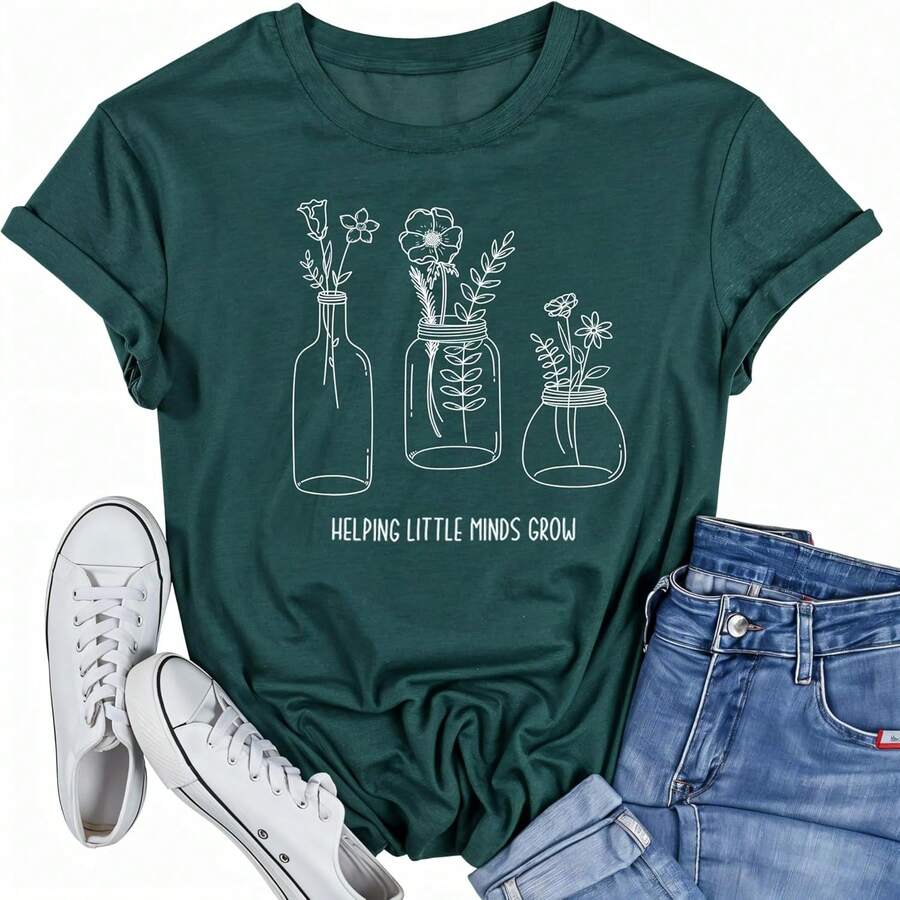 Camiseta para mujer, para maestras, con diseño gráfico de flores y plantas que ayuda a que las pequeñas mentes crezcan, manga corta. - Verde - Ver 1
