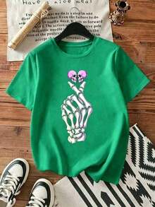 Playera Negra para Mujer con Gráfico de Manos de Esqueleto en Rosa Neón, Camiseta Casual de Manga Corta Estilo Rock y Gothic Aesthetic, Top Moderno de Algodón con Diseño de Gesto Rebelde, Blusa Juvenil de Moda para Conciertos y Outfits de Streetwear Alternativo - Verde - Ver 6