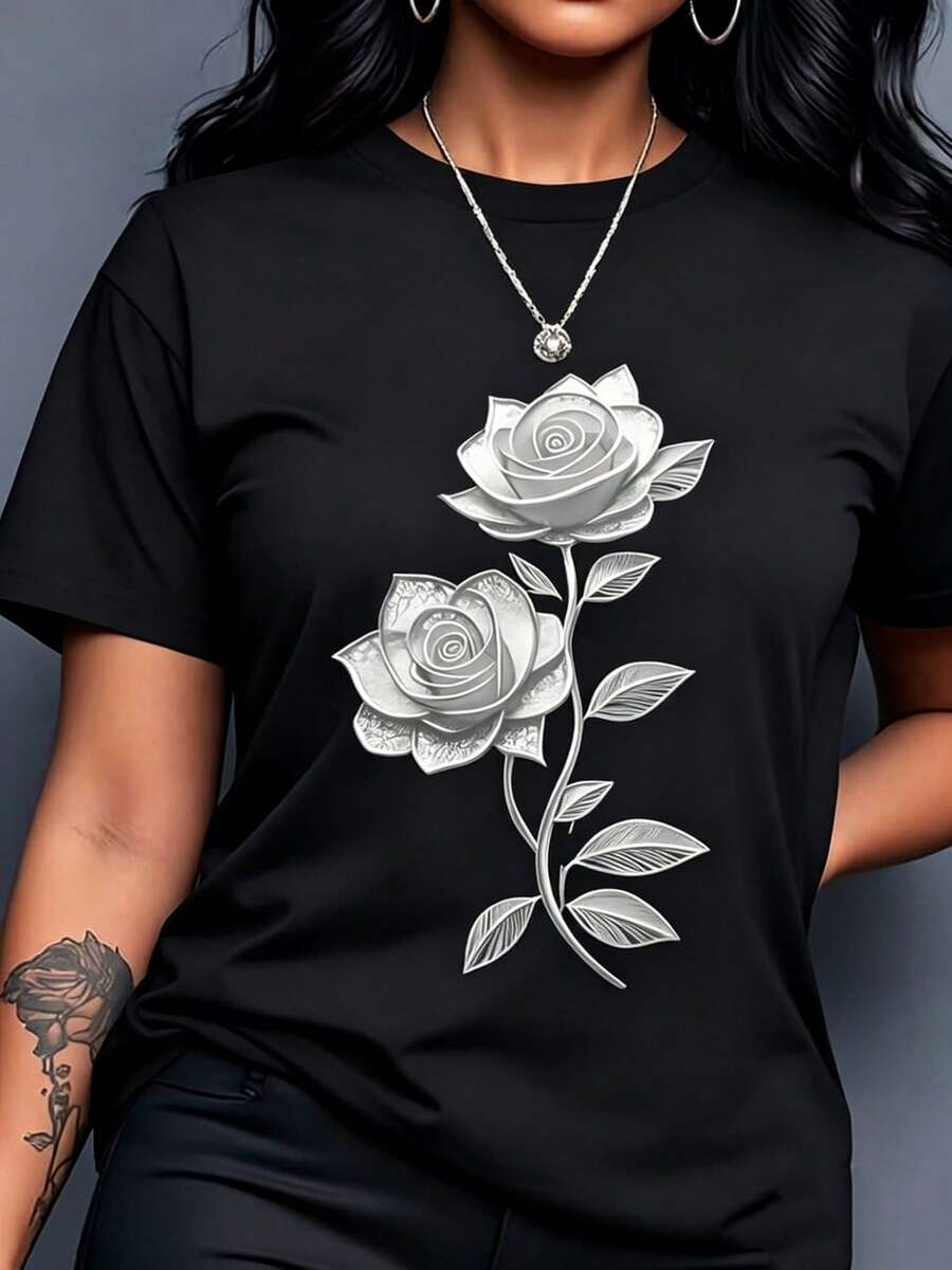 Black Rose Print T-Shirt - 100% Cotton, Short Sleeve, Round Neck | Comfortable And Casual Style Suitable For All Seasons, Machine Washable, Elegant Floral Design Ideal For Everyday Wear And Special Occasions, Mother's Day Outfit, Free Shipping. - 黑色 - 查看 1