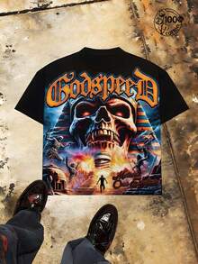 Double-Sided Printed (220% Cotton) Men's Godspeed Style T-Shirt - Gothic Font With The Slogan "Motion Over Emotion," American Street Style! Features A Giant Skull Print With A Pharaoh's Headdress. Short-Sleeved Printed T-Shirt, Men's T-Shirt, Black Printed T-Shirt, Loose Retro Fit, American Street Subculture, Suitable For Young Men's Casual Wear. A Great Gift Choice. - 黑色 - 查看 2