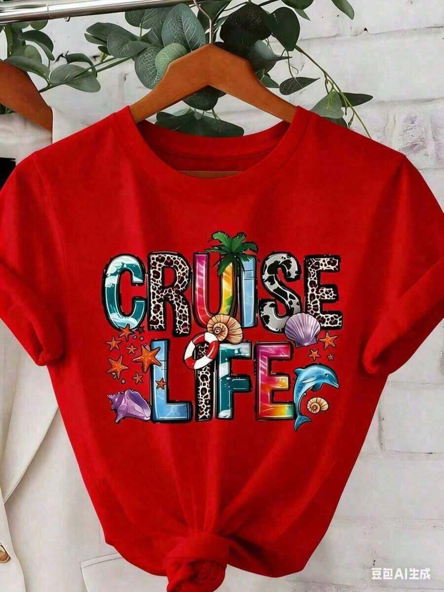 Camiseta de manga corta con cuello redondo y estampado de letras con temática de verano "Cruise Life" para mujer, hecha de algodón puro, con un diseño inspirado en la playa. Una Elegante Camiseta Nueva para el Día de la Madre, un Esencial de Verano, 100% Algodón con Cuello Redondo: Camiseta Retro Rojo Cereza para Celebración de Festivales de Verano - Rojo - Ver 1