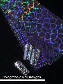10片装全息激光美甲转印纸套装，炫彩几何图案美甲箔贴纸，全覆盖闪亮彩虹美甲贴花，DIY美甲设计配件 - 彩色 - 查看 6