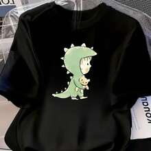 Women's Casual Dinosaur And Cute Bear Print T-Shirt - Soft Round Neck, Relaxed Fit, All-Season Comfclothest, Playful Print Top, Comfclothestable Fit - 黑色 - 查看 1