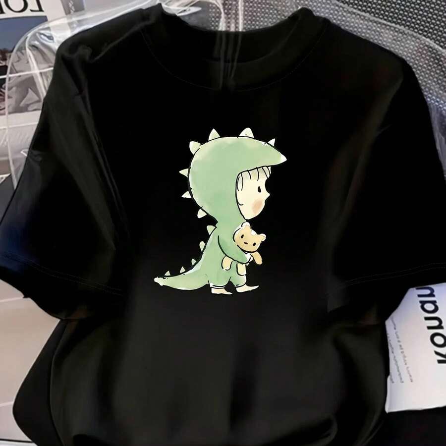Women's Casual Dinosaur And Cute Bear Print T-Shirt - Soft Round Neck, Relaxed Fit, All-Season Comfclothest, Playful Print Top, Comfclothestable Fit - 黑色 - 查看 1