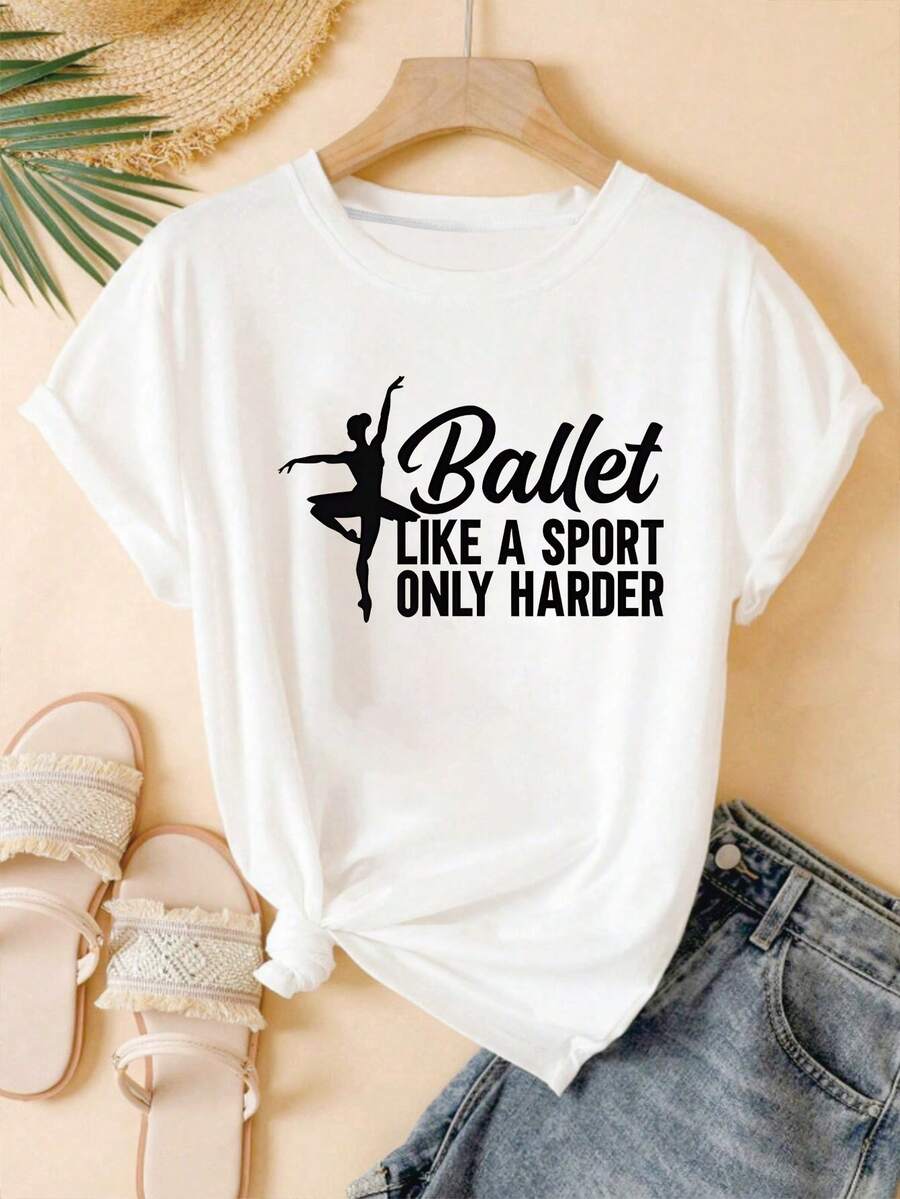 1 camiseta de mujer con silueta de bailarina de ballet y estampado "El ballet es un deporte más duro" - Blanca, de manga corta, estilo casual, lavable a máquina, regalo de cumpleaños y festividades para mujeres y adolescentes, atuendo informal, camiseta de corte relajado, estampado duradero, estilo Y2k. - Blanco - Ver 1