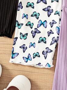 3pcs/Set Young Girls' Summer Fashion Versatile Butterfly Print Decorated Solid Color Ribbed Wave Hem Splicing Camisole Romper, Suitable For Outdoor Wear - Purple - View 5