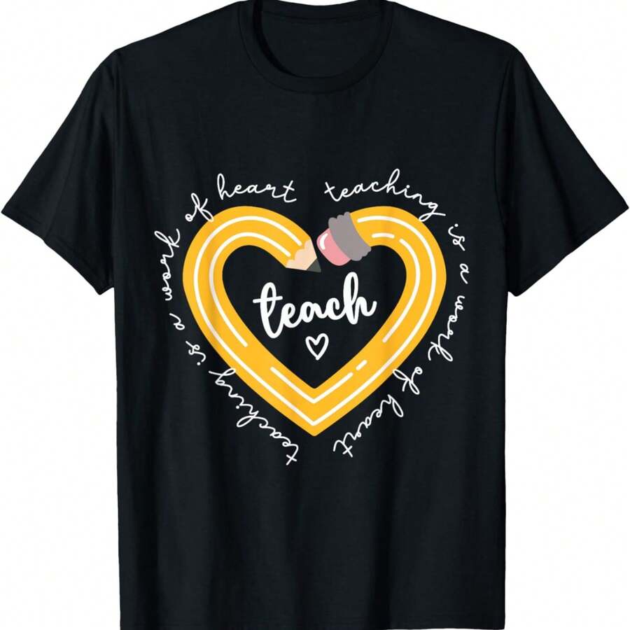 Valentine's Day Teacher Appreciation T-Shirt - "Teaching is a Wclothesk of the Heart" Graphic Print, clothes clothes, Regular Fit, Shclothest Sleeve, - Negro - Ver 1