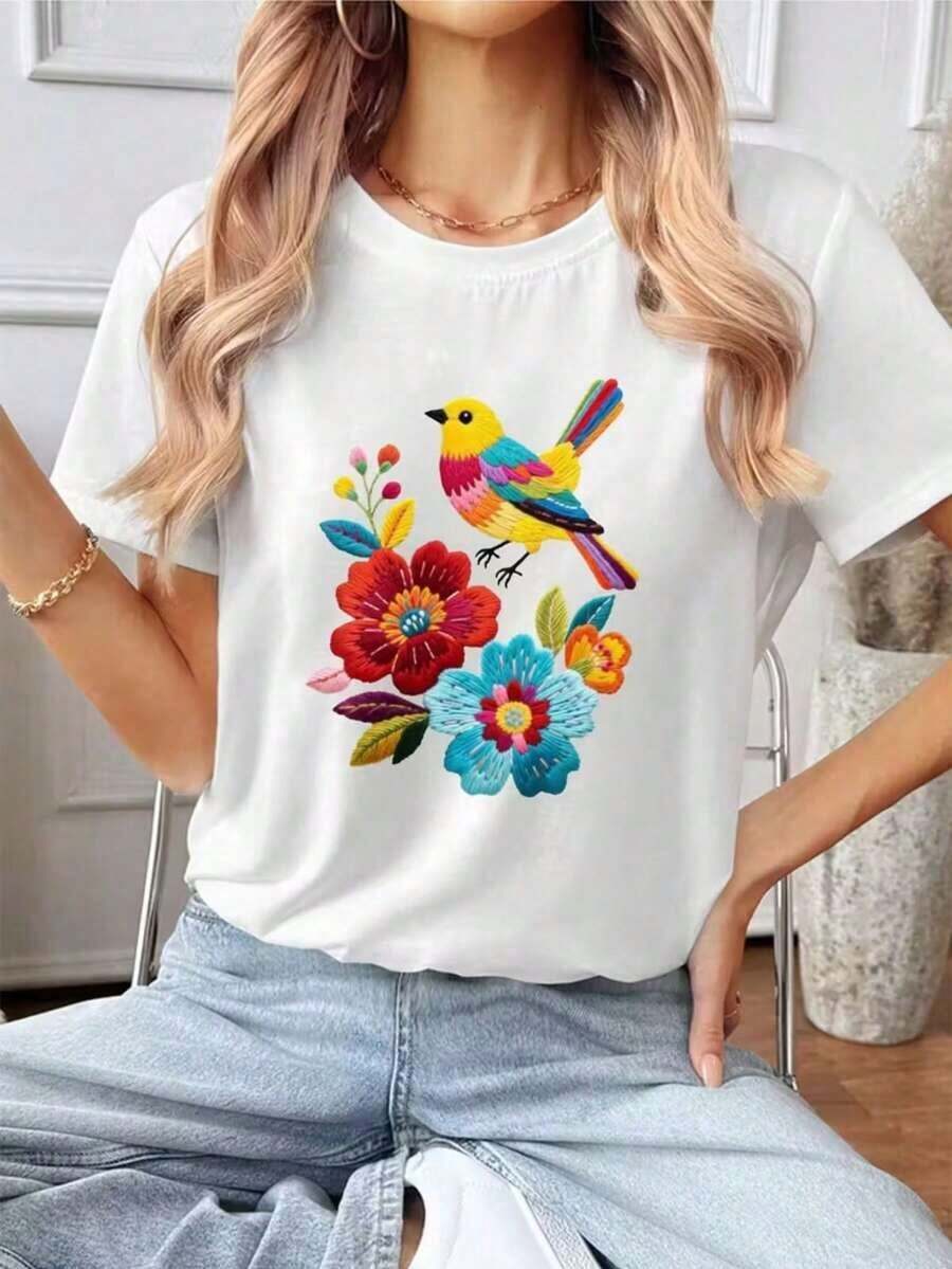 Camiseta de Mujer con Estampado Floral Retro de MEXICO - Cómoda y ligeramente elástica, perfecta para actividades al aire libre en verano. |   Ropa casual de calle |   Ropa de uso diario |   Estilo de cuello redondo, elegantes y lindas camisetas de moda para mujer, adecuadas para todas las estaciones, ropa casual de calle. |   crew neck t-shirt  Mujer camiseta estilo casual con estampado colorido, ajuste holgado, cuello redondo, manga corta, primavera-verano, ideal para ocasiones cotidianas, categoría de moda. - Blanco 1 - Ver 1