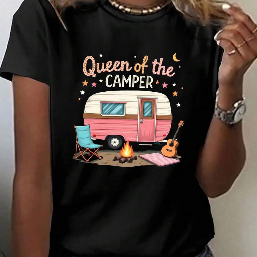 Graphic Camping T-Shirt fclothes Women - Vintage RV Campaign Truck T-Shirt with clothes - Soft And Elastic Fabric fclothes Outdoclothes Adventures, Ro - Negro - Ver 1