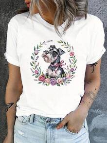 A Casual Short-Sleeved Crew Neck T-Shirt With A Design Of A Schnauzer Walking Among Blooming Roses, Perfect For Spring And Summer, Designed Specifically For Women, Pure Cotton Printed T-Shirt. - White - View 1