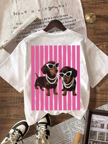 Sausage Graphic Tee With Pink Stripes, Women's Casual Crew Neck Short Sleeve Minimalist Tee, Women's Oversized Vintage Graphic Cotton T-Shirt - 彩色 - 查看 2