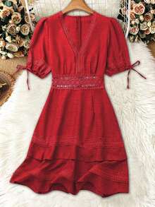 Clasi Vestido mini de manga abullonada con ribete de encaje de unicolor para mujer, para verano - Rojo - Ver 3