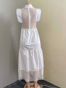 Vestido A-line holado elegante de oficina verano 2026 para mujer talla grande, con mangas onduladas, calados y diseño combinado - Blanco - Ver 2