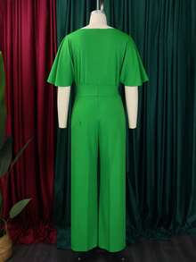 Mono veraniego para mujer talla grande, cuello redondo, color liso, cintura alta y pierna ancha - Verde - Ver 3