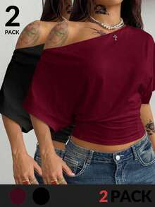 Camiseta esencial de uso diario con cuello asimétrico y cintura ceñida, apta para todo el año, para conciertos y raves con estilo Y2K para mujeres - Multicolor 9 - Ver 7