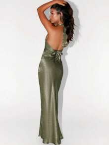Vestido mujer 2026 verano nuevo, satén liso, sin mangas, cuello V y cuello halter, sensual con espalda descubierta, correa ajustable y ajustado, largo - Verde militar - Ver 3
