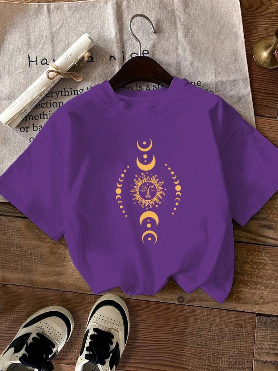Patrón de moda de primavera y verano estampado de mangas cortas, camisetas casuales de manga corta, camisetas de moda de mujer de talle redondo de talla estándar, ropa de mujer de talla estándar, ropa de mujer - Morado - Ver 1