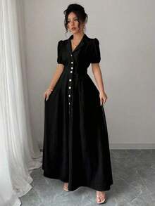 Vestido elegante de mujer de unicolor con cuello de solapa y mangas abullonadas - Negro - Ver 7