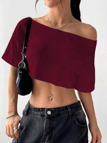 Top corto asimétrico de mujer con cuello blanco y flecos, camiseta de manga corta de moda versátil Y2K oversize y sexy, para primavera/verano - Burdeos - Ver 9