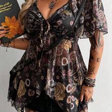 Whyspr Plus Size Square Collar Cinched Waist Asymmetric Hem Blouse - Multicolor - Ver 5