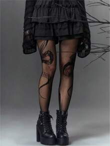 1 đôi tất lưới họa tiết da rắn, thích hợp cho lễ Halloween. - màu đen - Xem 2