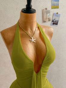 Vestido mini casual de vacaciones para mujer con escote en V profundo, cuello halter con lazo, y drapeado.Adecuado para la playa, cruceros y festivales de música en verano - Verde - Ver 3