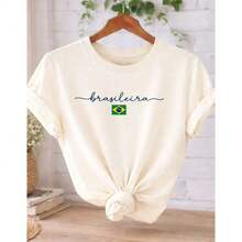 Brazilian Women's Yellow T-Shirt With Brazil Print - 100% Cotton - Casual - World Cup - National Team - màu trắng ngà - Xem 2