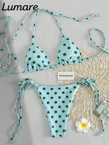2026 New 2-Piece Women's Tie-Strap Bikini Set, Casual Polka Dot Swimwear With Tie-Side Bottoms, Medium Stretch Fabric Vacation - Multicolor - View 1